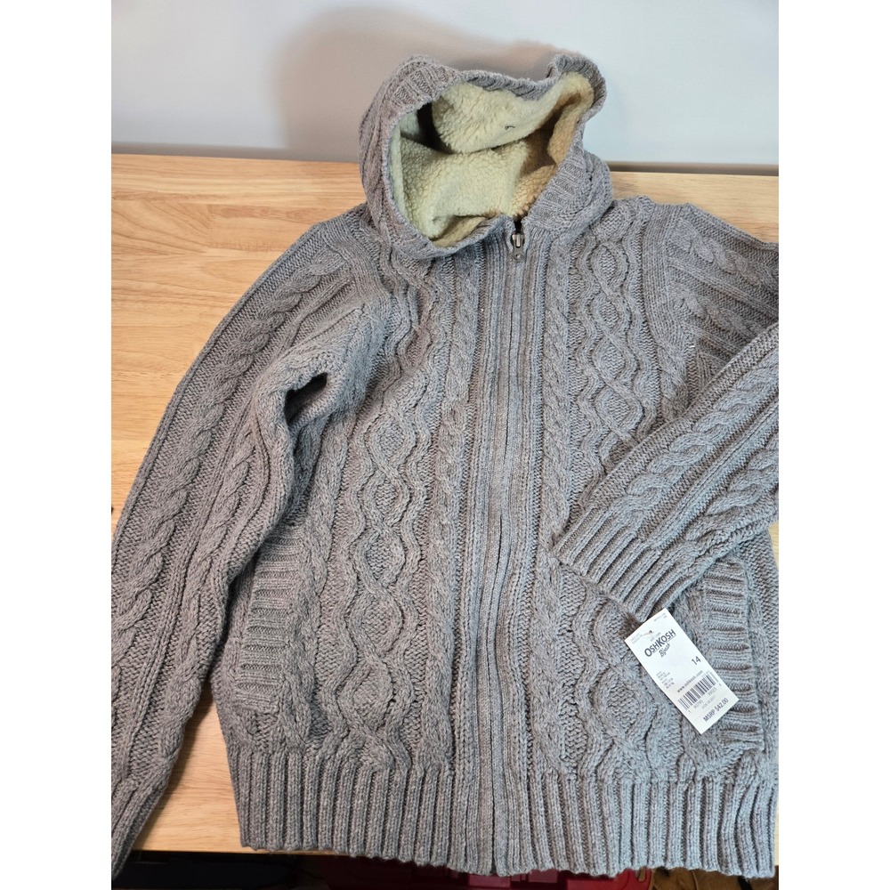 OshKosh Bgosh Boys Gray Cable Knit Full Zip Hooded Sweater Jacket Size 14 NWT